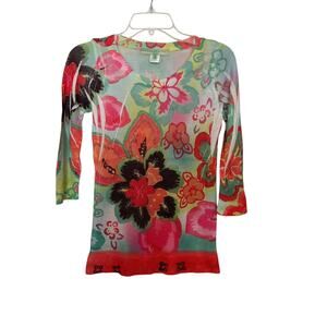 Bette Paige Top Size Small Pink Multicolored Floral Print Blouse Long Shirt